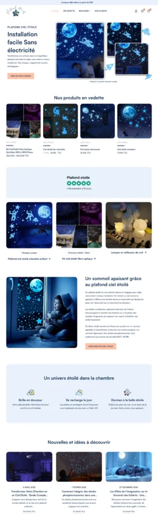 Design page d'accueil site e-commerce boutique en ligne Plafond Etoile à Lyon