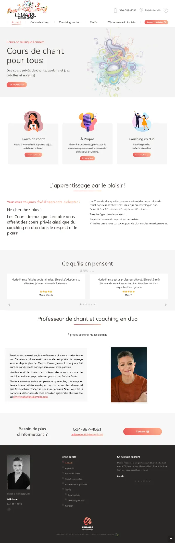 Design de la page d'accueil du site de cours de chant LEMAIRE à Montréal