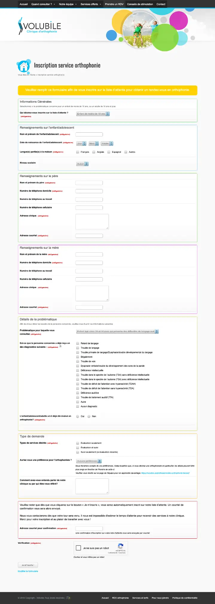 Formulaire de prise de RDV à la clinique Volubile