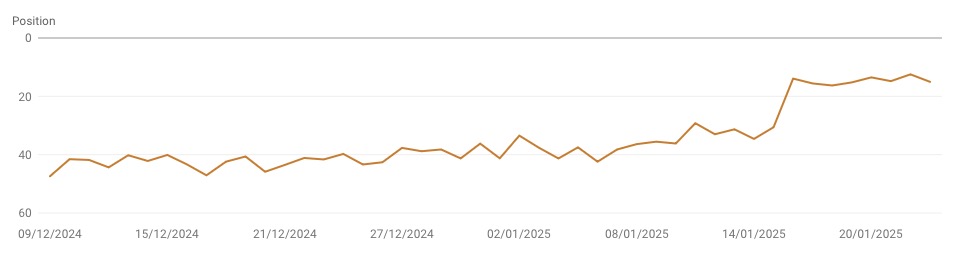 Graphique Search Console position site web Miroir a Selfie - Décembre 2024 à Janvier 2025 passé de 42 à 15ème position