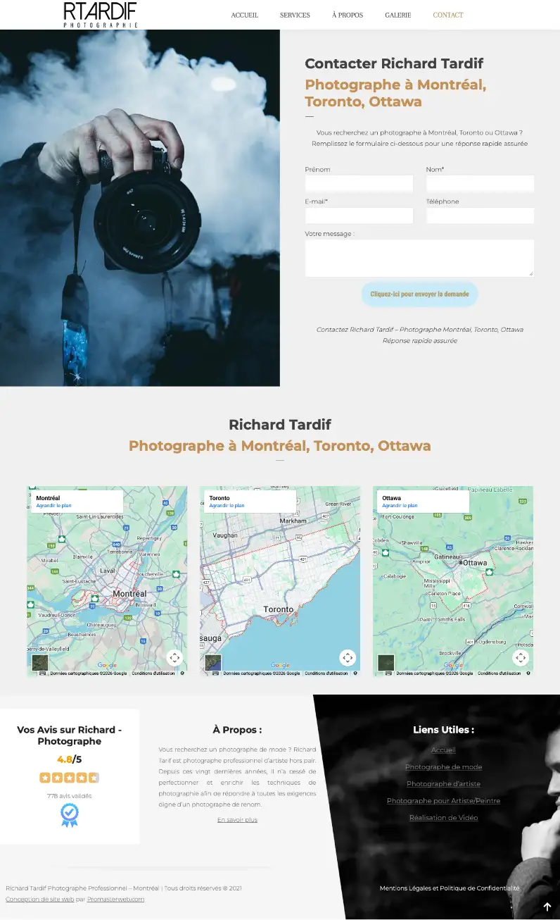 Présentation page contact conception site vitrine Photographe à Montréal