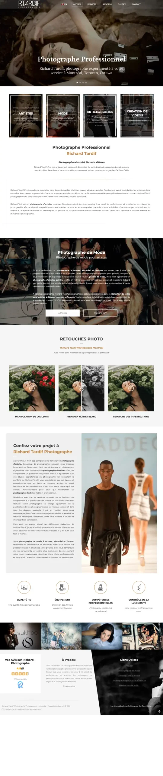 Design page d'accueil site vitrine photographe Montréal