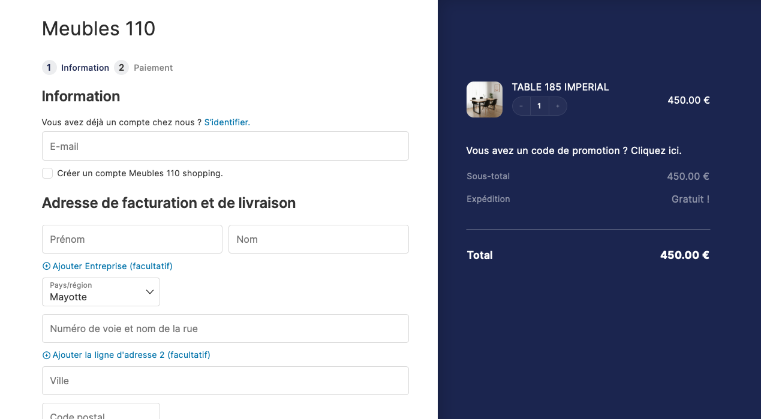 Page de validation de commande Meubles110 à Mayotte