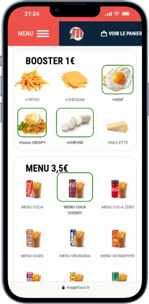 Présentation du choix de menu pour application mobile de fastfood livraison à domicile
