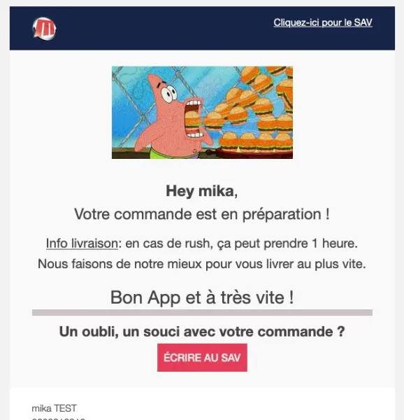 email automatique envoi client commande fastfood