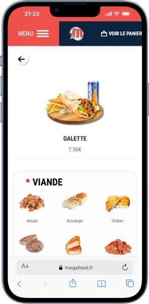 Présentation page produit application de fastfood