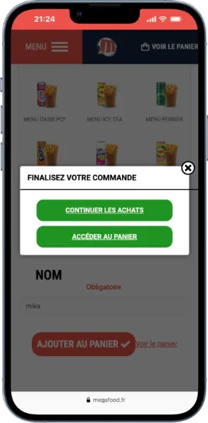 Popup après l'ajout au panier du produit - Application mobile FastFood livraison à domicile