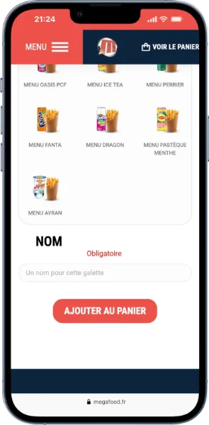 Présentation lors de l'ajout au panier pour application mobile fastfood à tarare lyon