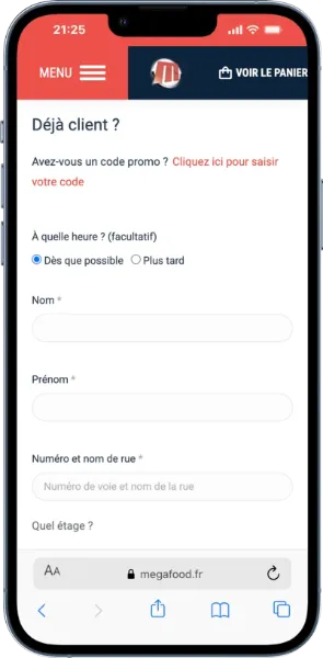 Formulaire de validation de commande avec choix de l'heure de livraison pour application de fastfood à Tarare Lyon