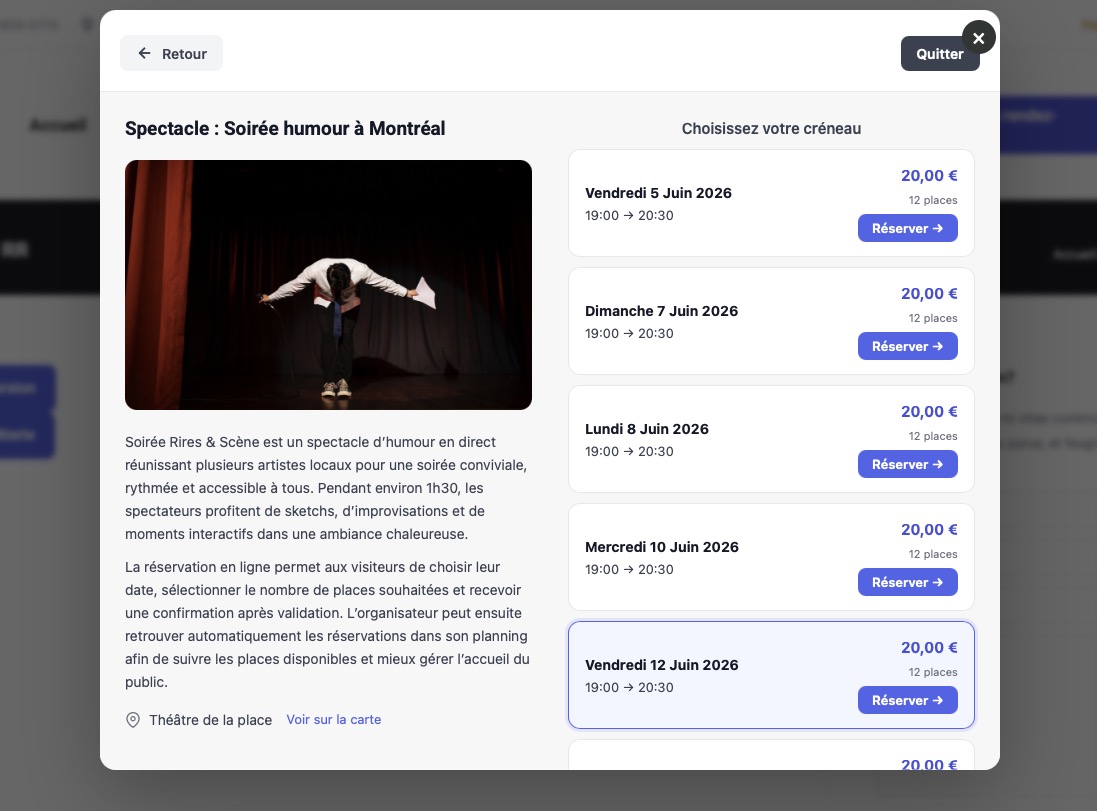 exemple de réservation spectacle - Plugin de réservation